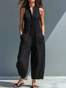 Ladies' Spring And Summer Vintage Solid Color Jumpsuit,Stand Up Collar Sleeveless Loose Leg,Suitable For Fashionable Work Wear,Comfortable Casual Wear