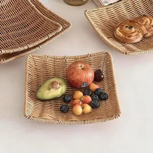 Multi-Functional Storage Basket, Classic Style Woven Plastic Rattan Organizer, Shallow Tray for Bedroom, Living Room, Home Storage