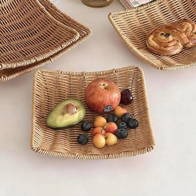 Multi-Functional Storage Basket, Classic Style Woven Plastic Rattan Organizer, Shallow Tray for Bedroom, Living Room, Home Decor Organiser, Essentials Storage, Home Storage, Organization Baskets