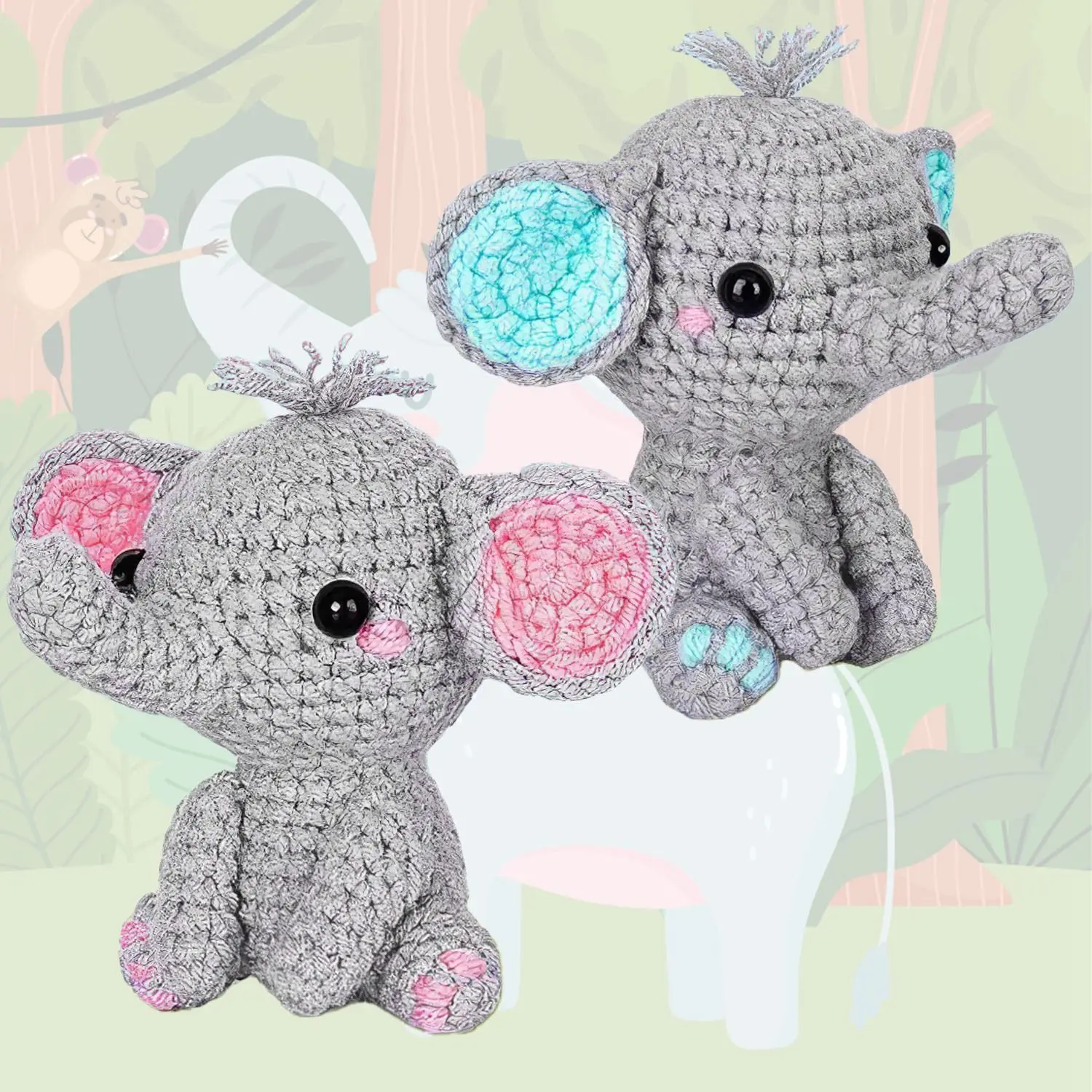 Beginner-Friendly Crochet Kit - DIY Home Decor Statue Figurine Supplies with Soft Yarn, 2 Cute Elephants Designs, Step by Step Video Tutorials, Popular Gifts for Girls, Crochet Kit for Beginners