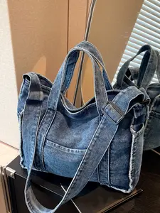 Fashionable street trend denim tote bag, simple and versatile single-shoulder casual crossbody bag, literary retro handbag, student commuting bag, suitable for commuting, daily matching and other scenarios, Denim crossbody bags