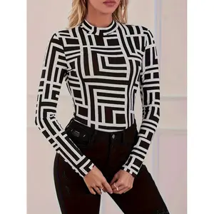 Women's Geometric Print Long Sleeve Crew Neck Bodysuit-Polyester Knit Fabric with Elastane,Regular Fit,Pullover Style for Spring/Fall-XZFBM0040