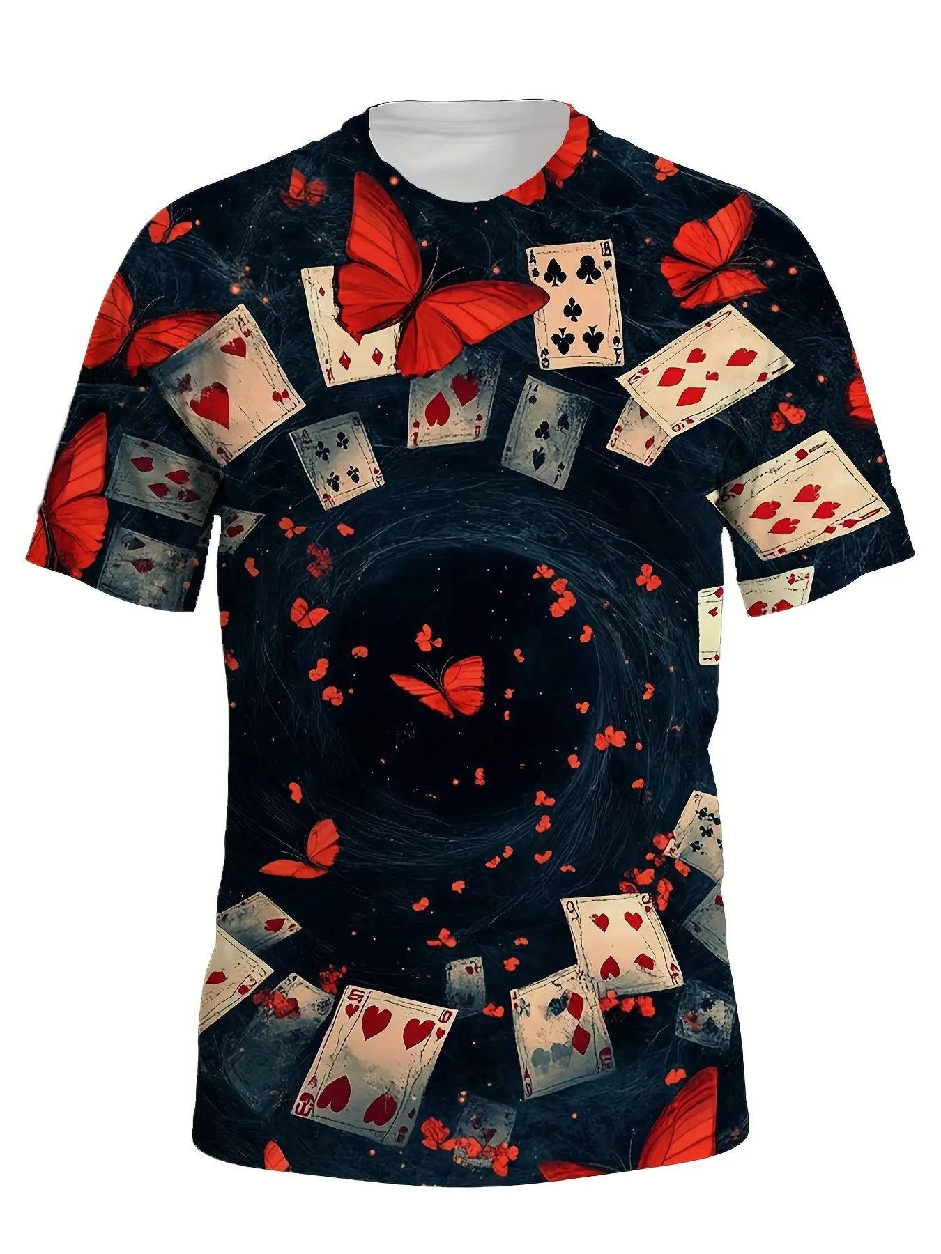 3D Printed Summer Men's T-Shirt, 3D Digital Print Short Sleeve Shirt, Bold Poker Card Butterfly Pattern, Red-Black-Gray Color Block Design, Regular Fit Round Neck Short Sleeve T-Shirt, Suitable for Tall Men in Plus Sizes, Machine Washable Casual