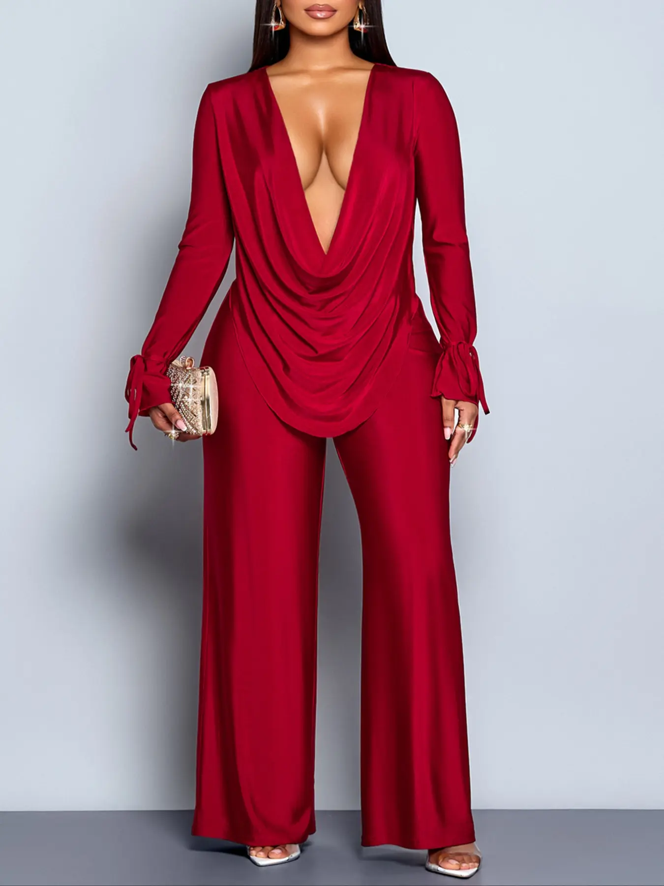 Women's Sexy Elegant Lady Two-Piece Set, Matching Outfit Set, Suits, High Waisted Sets, Fitted Long Sleeve Top & High Waist Wide Leg Pants, Fall Winter Chic Fashion, Plus Size Solid Clothing, Womenswear