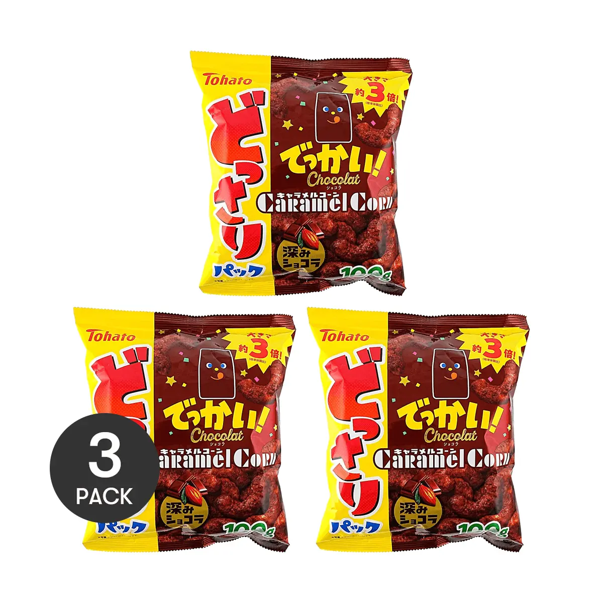 3 Pack TOHATO Chocolat Caramel Corn 3.53 oz Each - Rich Dark Chocolate, 3x Larger Pieces, Japanese Snack