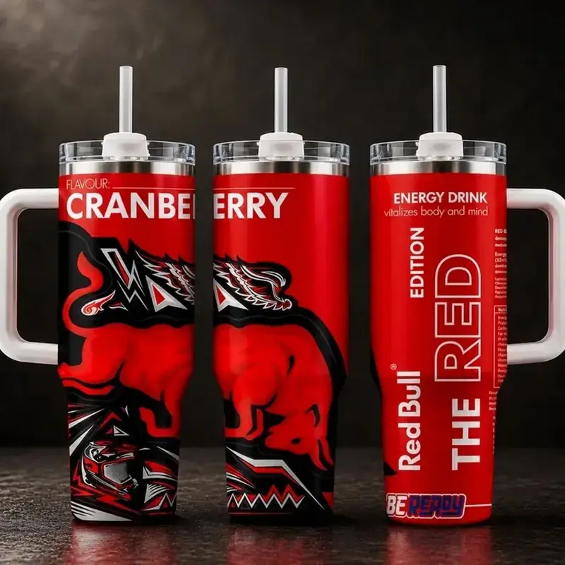 Redbull 40oz Energy Drink Inspired Tumbler with Handle & Straw, Stainless Steel Vacuum Insulated Travel Mug, Gift for Energy Drink Fans
