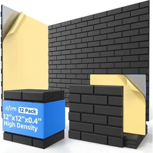 12 Pack Acoustic Panels with Self, 12" X 12" X 0.4" High Density Sound Foam Panels for, Soundproof Wall Panels, Brick Sound Absorbing Panels for Home Studio Office - Black