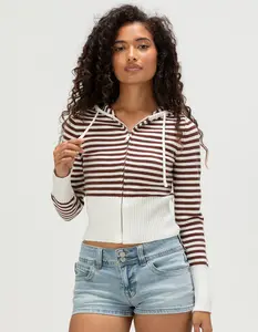 RSQ Womens Stripe Zip-Up Hooded Sweater