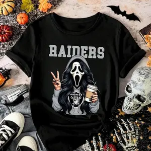 Raiders Coffee Lover Sweatshirt Cute Raiders Inspired Halloween Graphic Pullover Comfy Cotton Crew Neck T-Shirt For Women