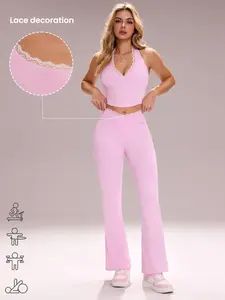 Women's Sexy Lace Trim High Waist Elastic Peach Hip Flare Pants + Lace Edge Bra Yoga Set, Slim-Fitting Running Sports Fitness Pilates