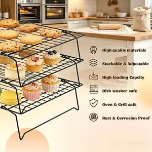 3 foldable cooling racks, heavy-duty rust resistant iron wire with non stick coating, non stick surface and heat-resistant structure, very suitable for home baking, oven cooking, barbecue parties