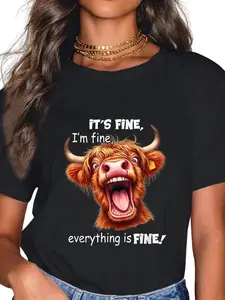 100% Cotton Funny Highland Cow It's Fine I'm Fine Everything Is Fine T-Shirt Black