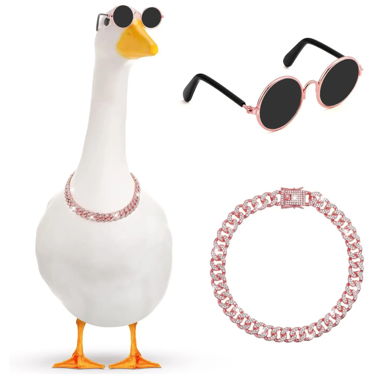 Outdoor Goose Statue Decoration, Chain Collar & Sunglasses, Lawn Goose Sculpture Decorative Accessories, Garden Decor for Plastic Geese 23"/17"