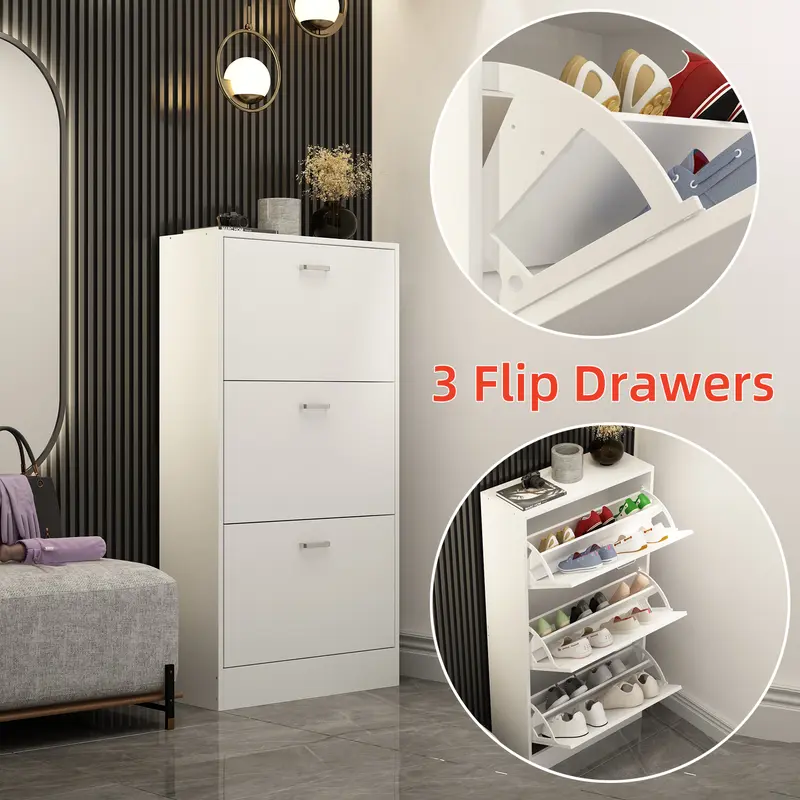 FUFU&GAGA Durable 2-Layer MDF Wood Single Rectangle Shoe Storage Cabinet - 3 Flip Drawers, Waterproof, Isolate Dust, Multifunctional, Easy Assembly, Fast Wipe Clean, Freestanding Organizer for Home Entryway, Dorm Room (23.6”W x 9.4”D x 45.5”H)