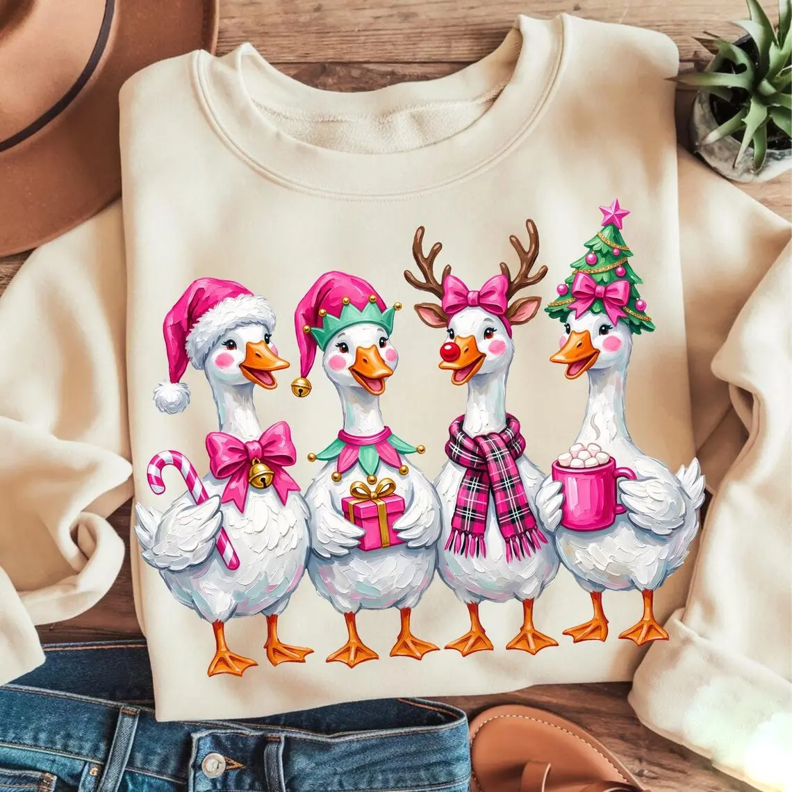 [FREESHIP] Christmas Goose Sweatshirt, Pink Coquette Holiday Duck Reindeer Xmas Tree Sweatshirt, Candy Cane Sublimation Sweatshirt, Happy Christmas Sweatshirt, Soft Comfortable Sweatshirt, Unisex & Adult