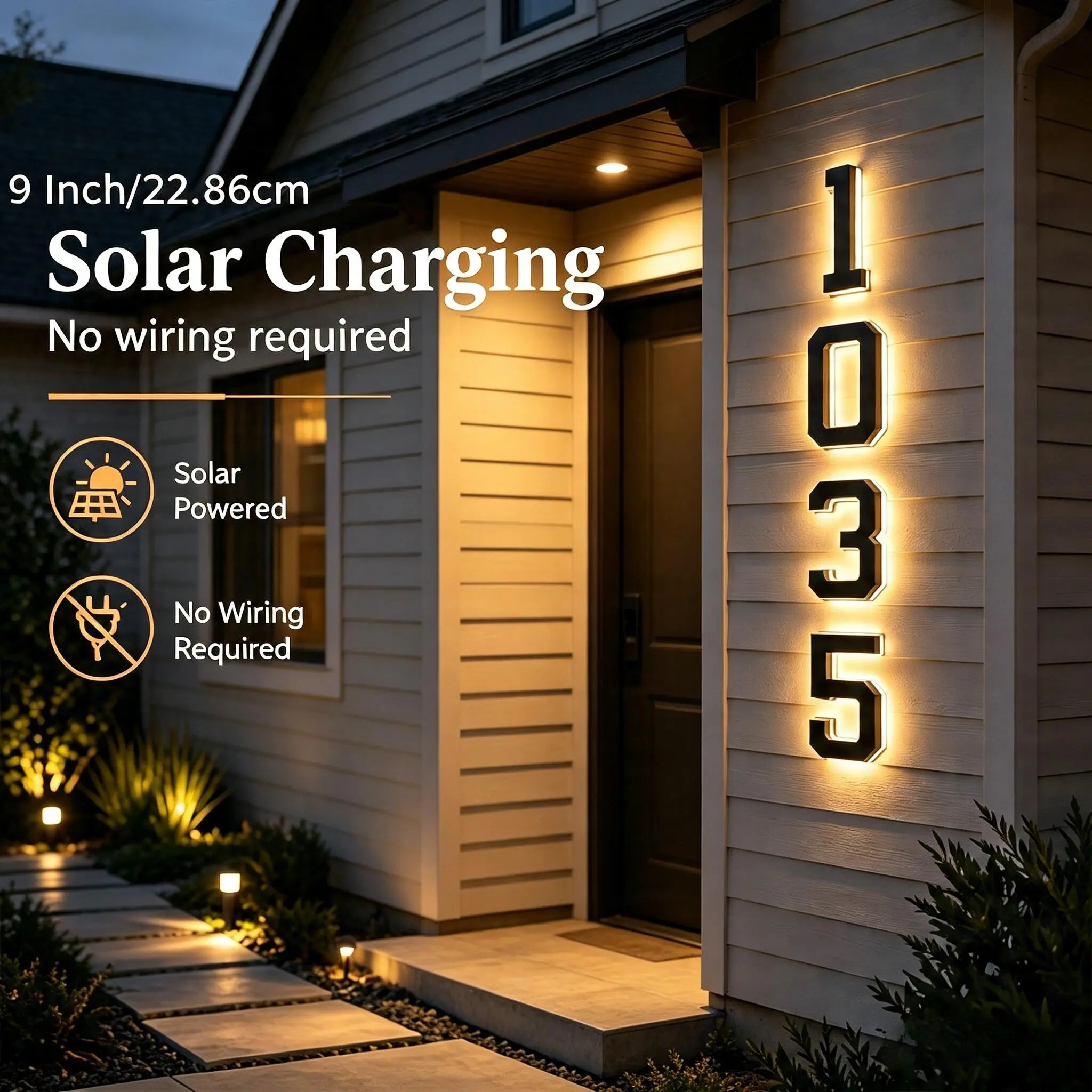 Upgraded 9-inch outdoor solar house number light, IP44 waterproof, smart light-sensing home address light suitable for outdoor use illuminated plaque