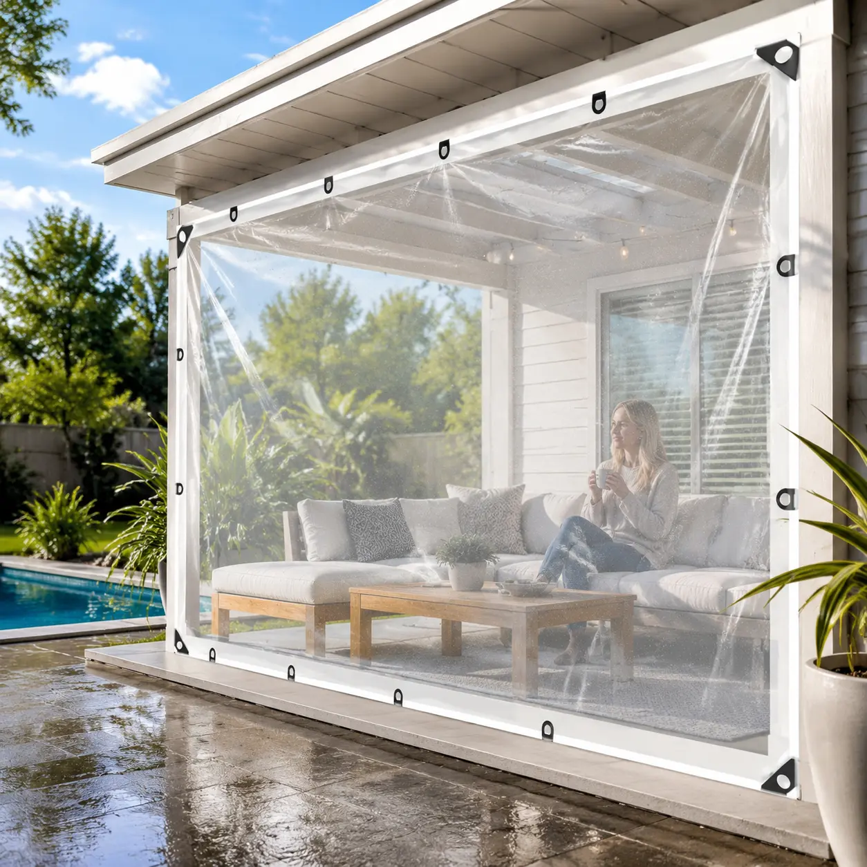 Heavy-Duty Clear Waterproof Wind-Resistant Transparent Vinyl Rain Cloth, Thick Hemming Strips, Reinforced Holes, Lightweight Dust-Proof Outdoor Fabric for Patios, Gardens dustproof protection reinforce rivet