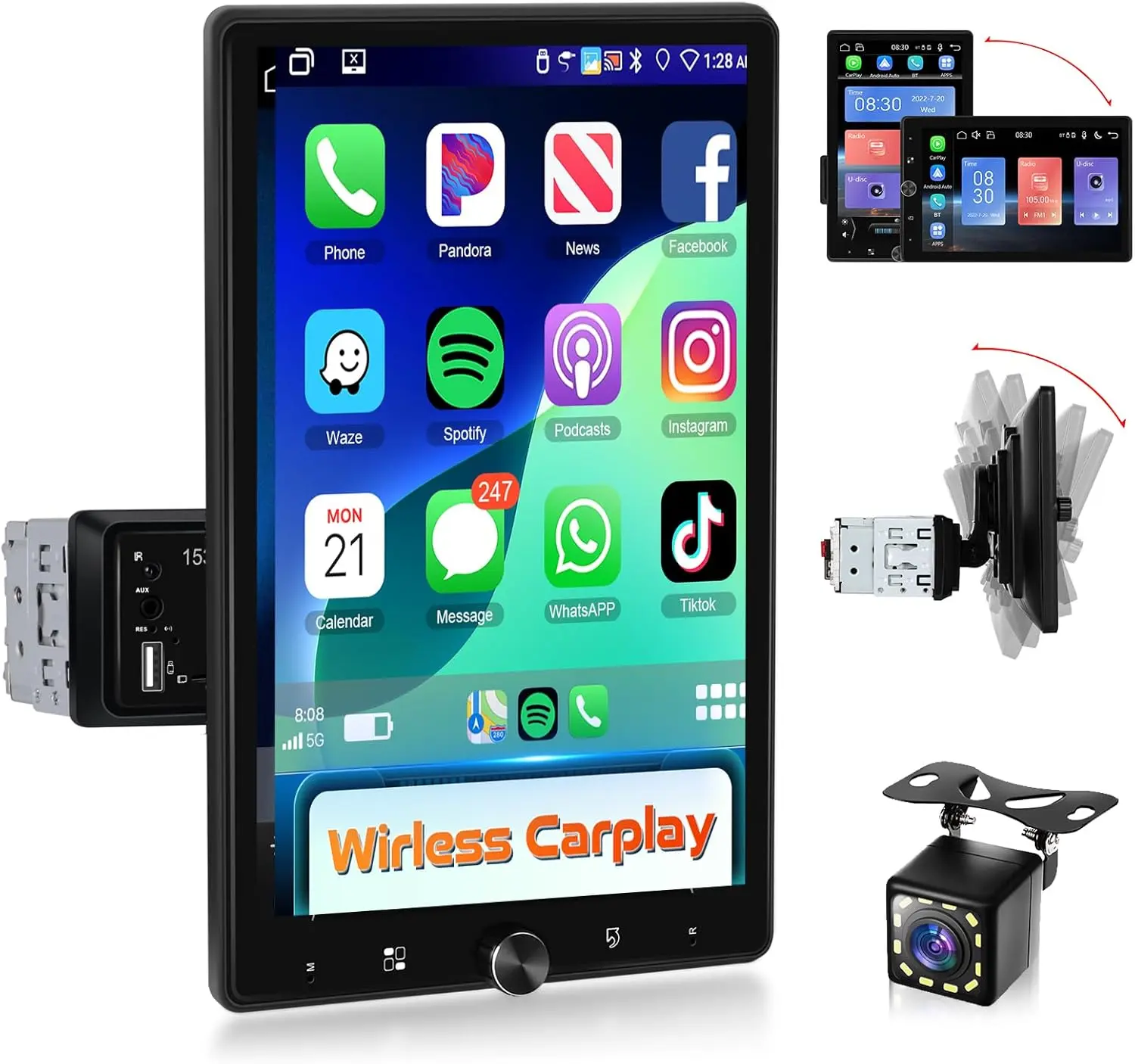 Podofo 10.4" Single-Din Carplay Radio Touchscreen Head Unit, Wireless Carplay Screen with Android Auto, Rotatable Display, Bluetooth Car Stereo, 16-Band EQ Audio, Mirror Link, SWC, FM, USB, TF, Backup Camera, Wi-Fi, Remote Control