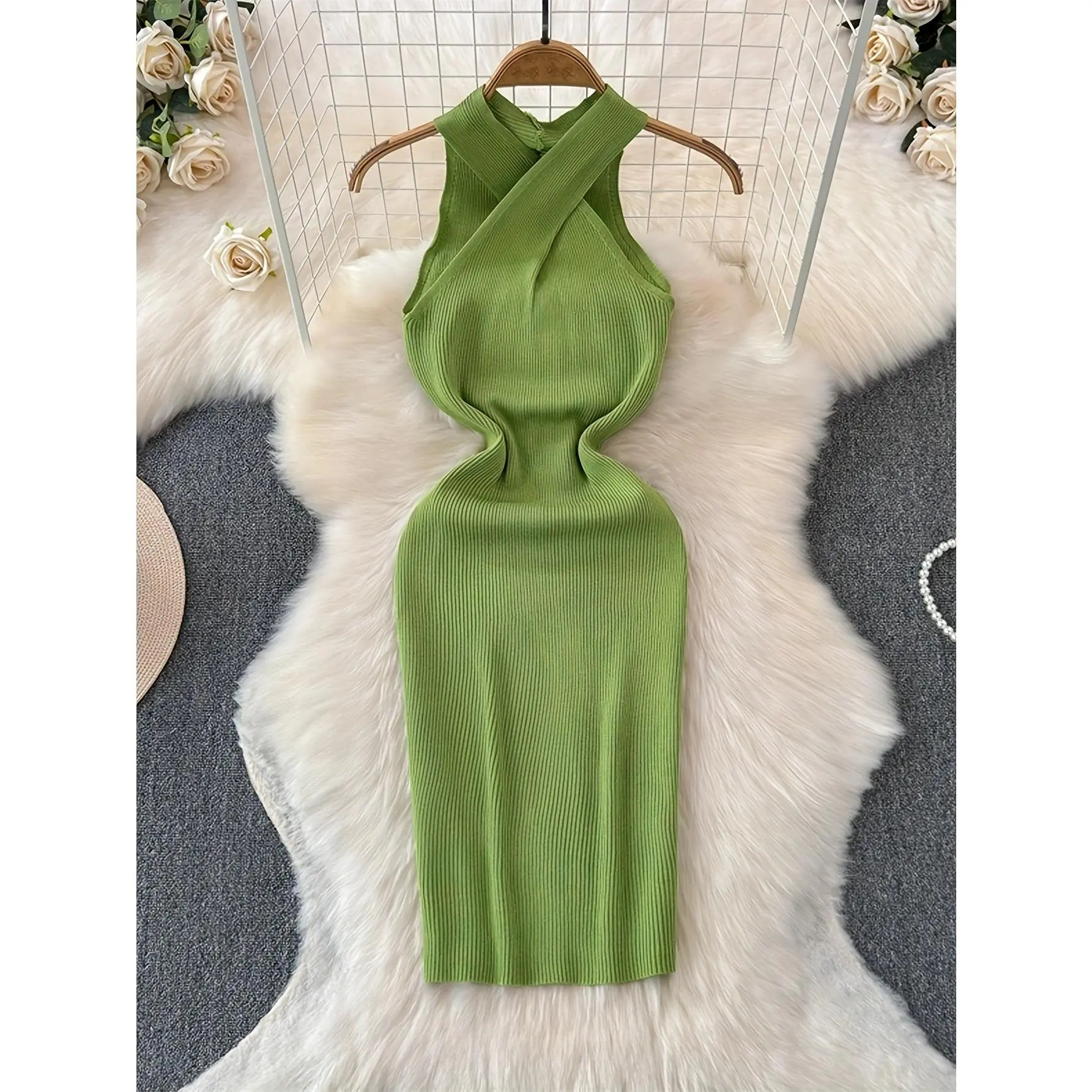 Elegant Off-Shoulder Cross Halter Neck Knit Dress - Sleeveless Bodycon Midi Dress for Women, Lime Green, Polyester, Form-Fitting Design, Perfect for Spring & Summer, Halter Neck Dress
