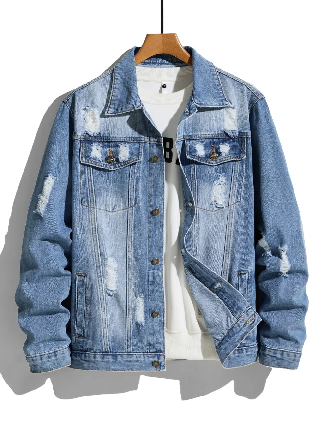 Men's Ripped Denim Jacket Coat, Collared Casual Fashion Outerwear, Daily Wear & Outdoor Activities, Perfect for Spring & Fall Seasons, Clothes