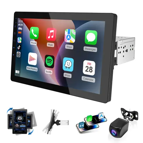 Haudio 10.1 Inches Single Din In-Car Media Player - Rotatable Screen, Wireless CarPlay, Android Auto, 1080P Rear Camera, Touch Screen MirrorLink Support, Bluetooth Music, AUX, FM, USB, Sunscreen, 12V Power Supports Everyday Car Use toolupgrade
