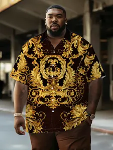 Men's Gold Baroque Shirt, Vintage Luxury European Style, Loose-Fitting, Breathable Summer Casual Wear, Large Size Men's Clothing