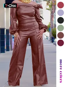 Two-Piece Set Women's Spring Casual Chic Plain Off Shoulder Knot Front Bishop Sleeve Blouse & Wide Leg Pants Set, Solid Color Long Sleeve Top & Trousers Set for Fall, Women's Clothes