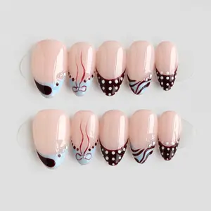 Light Pink Color Block|10 PCS Short Almond Pure Handmade Press On Nails, Pink Brown Hand-painted Patterns Mature Press On Nails, Translucent Glossy Base, Brown-blue Contrasting Patterns, Polka Dot Small Diamond Decoration, Date Commuting Nail Set