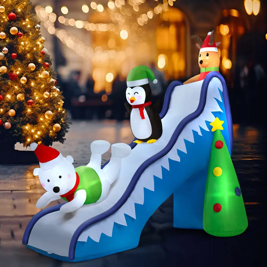 9 FT Synthetic Corded Christmas Inflatable Decoration - PVC Metal Frame, Bright LED Lights, Power Adaptor, Cute Santa-Penguin-Bear Animal Band - Adult Home & Garden Lawn Holiday Ornament, Christmas Inflatables