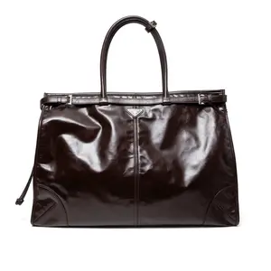 Prada Bonnie Leather Tote Bag Dark Brown Silver (Extra Large)