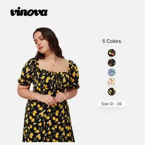 Vinova Fruit A-Line Dress with Adjustable Bust & Detachable Puff Sleeves, Plus Size Lightweight Spring-Summer Dresses, Cute Shirred Midi with Stretchy Back Panel