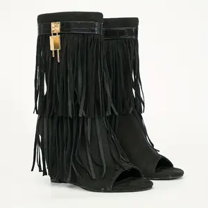 Women's Solid Wedge Heeled Booties - Tassel Decor, Rubber Sole, Peep Toe, Side Zipper, Fashion Western Platform Shoes