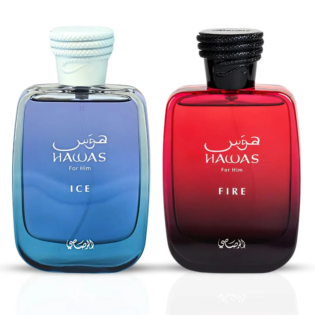 Hawas Ice for Him & Hawas Fire Eau de Parfum Sprays 100ml (3.4 oz) by Rasasi (Bundle) – Fire & Ice Men’s Bundle Hawas Ice for Him & Hawas Fire Eau de Parfum Sprays 100ml (3.4 oz) by Rasasi (Bundle) – Fire & Ice Men’s Bundle