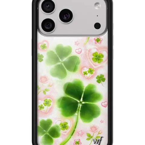 Miss Lucky | Limited Edition Trendy iPhone Case | Raised Protective Black Bumper | Women Owned Small Business | White Background Vibrant Pretty Pink Hearts Bright Green Four Leaf Clovers | Safety Casing Protective | Gift for Her