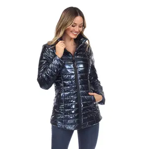 White Mark Women's Metallic Puffer Jacket with Pockets Extended Sizes Womenswear Coat
