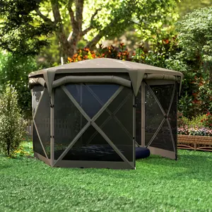 11 x 11ft Pop Up Gazebo Screen Tent with Removable Roof Cover Roll-up Wind Panels for Camping Backyard Brown UPF30+ Protection 1500mm Water Resistance Adjustable Mesh Sidewalls Quick Setup Portable Carry Bag