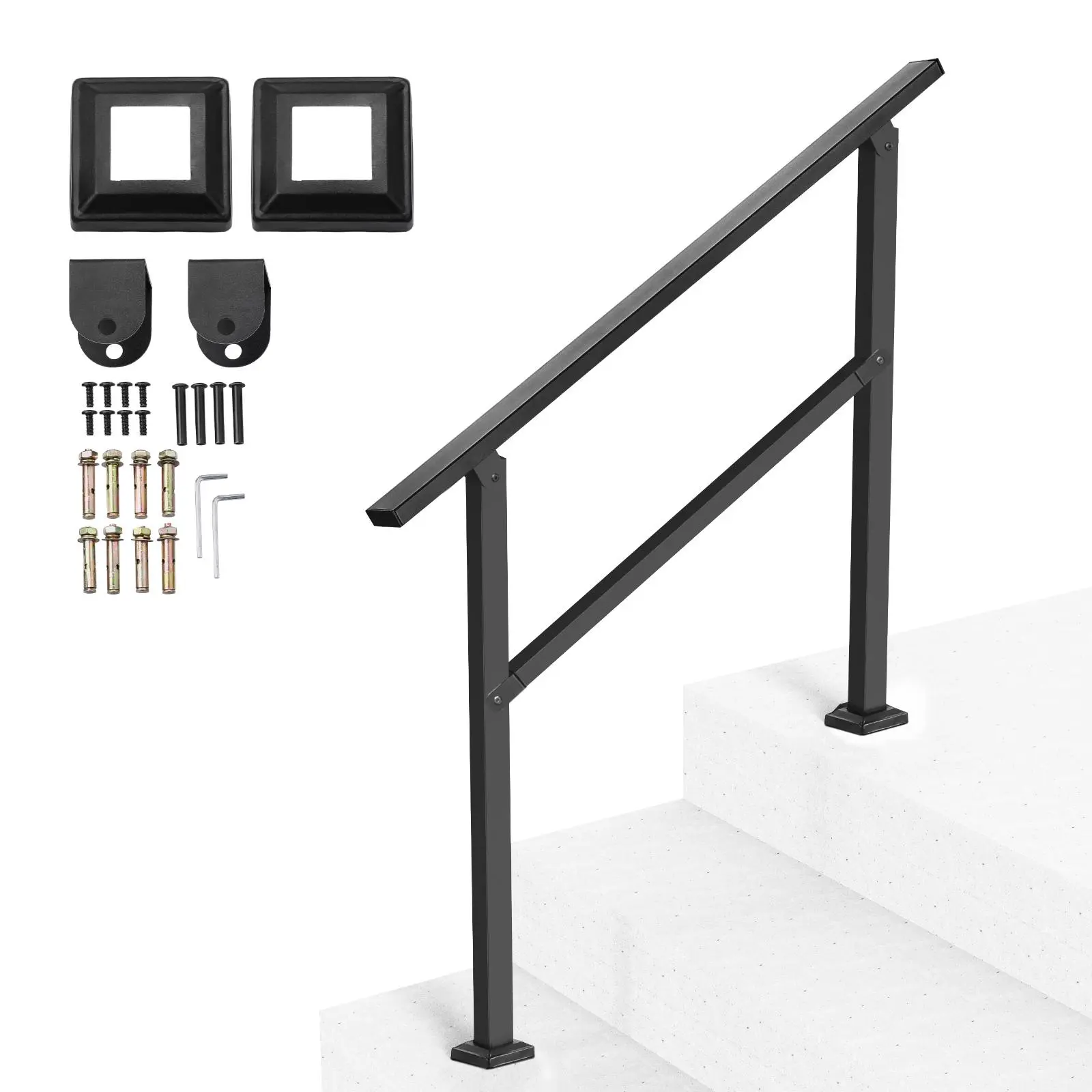 【SummerFinds】VEVOR Outdoor 2-3 Step Metal Stair Rail Kit, Black Square Tube with Horizontal Bar, Carbon Steel Support Rails, Nuts Bolts Screws, 90-100 kg Capacity, Comfortable Grip for Seniors, Concrete & Deck Stairs, Easy Installation