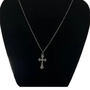 Women's Brass Silver Plated Necklace with Elegant Cross Pendant CZ Diamonds 18 Inches Extendable for Everyday Wear