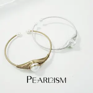 PEARLISM Freshwater Natural Edison Pearl Wire-Wrapped Cuff Bracelet | Gold/Silver Tone Statement Bangle-PSBG1201S/G