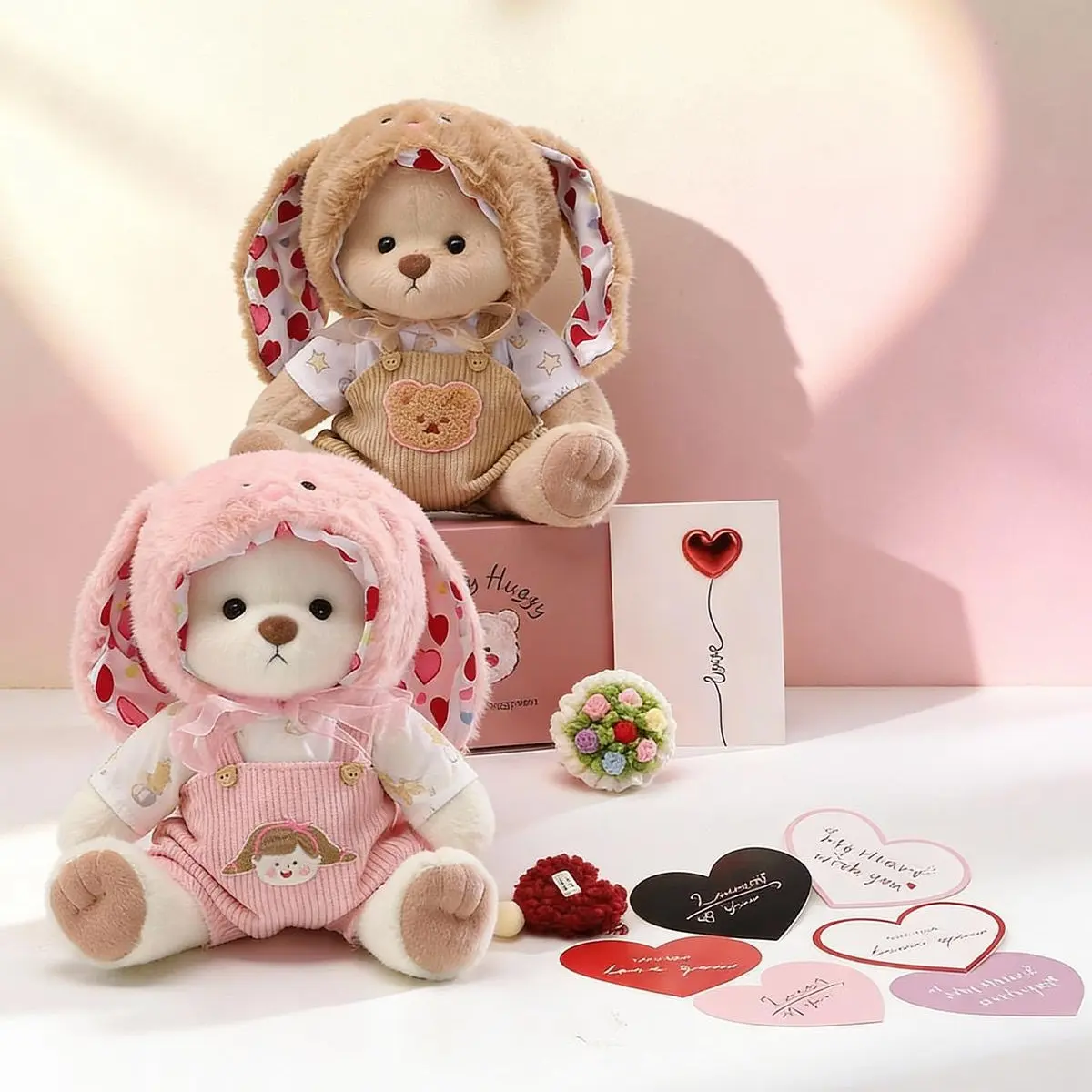 Teddy Huggy Posable Doll - Easter Edition Latte+White, 12in, 5 Movable Joints, Bunny Outfit Charm, Confession Accessory, Gift Box, Cuddly Stuffed Animal, Easter Bunny Look, Ideal Commemorative Gift for BF/GF, Super Soft Fluffy, Soft Adorable Stuffed