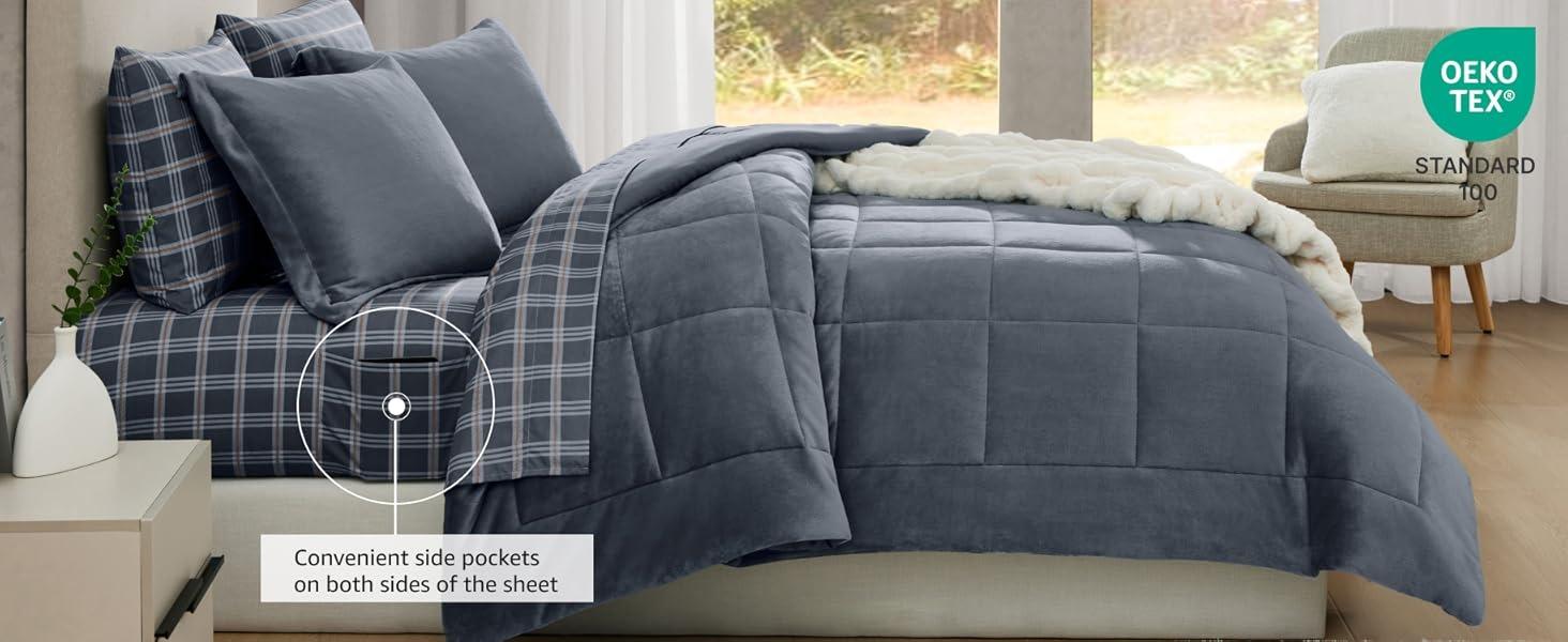 Plush Queen Comforter Set Blue Grey, Flannel Velvet Comforter Sets 7 Pieces Bed in a Bag, Soft Warm Winter Bedding Set with Sheets, Pillowcases & Shams