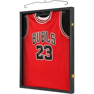 Large Lockable Jersey Frame Display Case Wall Mount T-Shirt Shadow Box with Clear UV-Protective Acrylic Hangers Linen Backing for Football Basketball Baseball