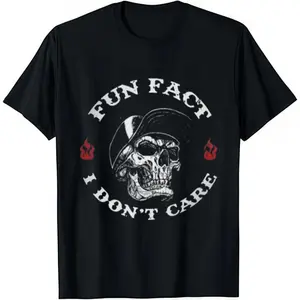 Graphic T-shirt "FUN FACT I DON'T CARE" Skull Print Black T-Shirt Soft Crew Neck Short Sleeve Casual Tee for Men |   TikTok viral tee, edgy graphic shirt, streetwear aesthetic, comfy everyday outfit, unisex casual, gift idea