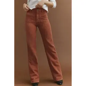 Brown High Waist Square Pockets Corduroy Pants