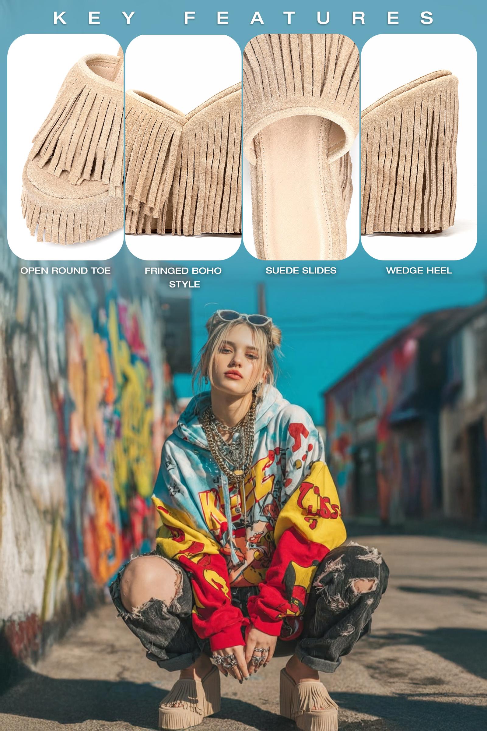 CYNLLIO Womens Fringed Boho Cowboy Style Platform Sandals Open Round Toe Tassel High Heels Slip On Wedge Heeled Suede Slides for Outings Evening Party Spring Dress Sandals Shoes