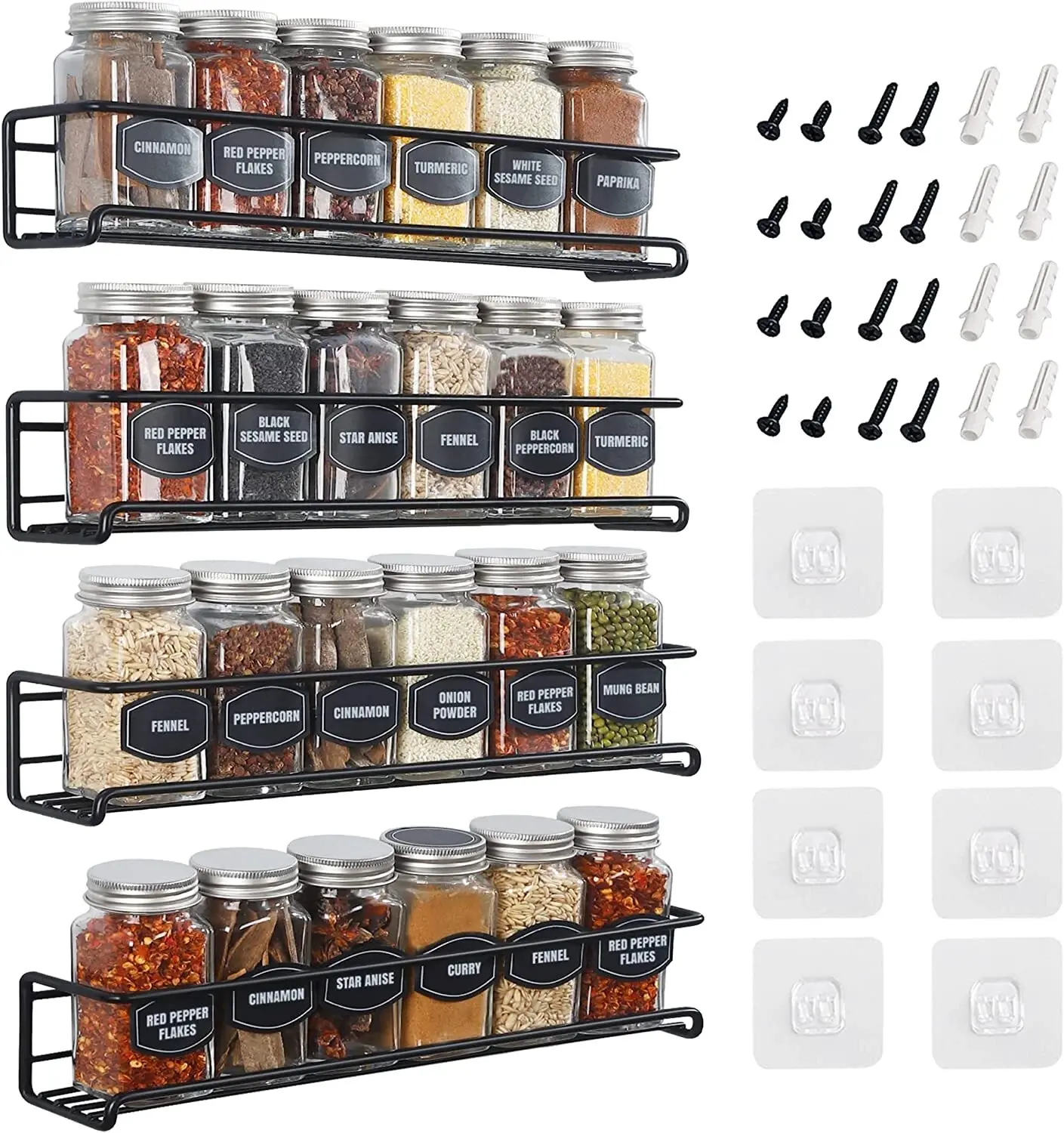 4 Packs silver Kitchen Spice Rack Organizer Storage Shelf Cabinet Jar Holder Wall Mount