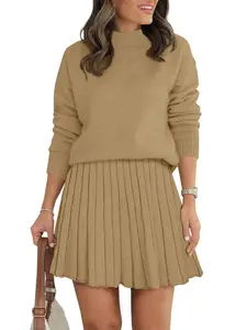 Women's Two Piece Outfits Turtleneck Long Sleeve Ribbed Knit Tops Pleated Mini Skirt 2025 Casual Sweater Sets