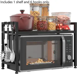 Expandable Microwave Stand Holder, Carbon Steel Kitchen Counter Rack with 6 Hooks, Durable Storage Solution for Utensils & Dining Tools