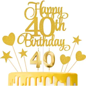 40th Birthday Cake Decorations, 40th Birthday Candles Cake Numeral Candles and Glitter Happy 40th Birthday Cake Toppers Set for Birthday Party Supplies (Gold)