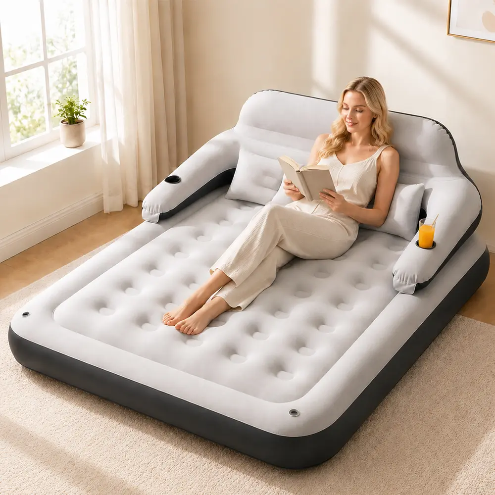 3-in-1 Inflatable Backrest Bed, Convertible Air Mattress Sofa Bed with Detachable Backrest & Cup Holders, Portable Guest Bed for Home Camping Movie Night